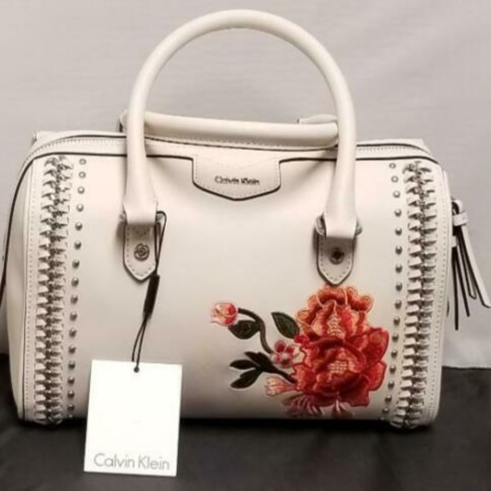 Calvin Klein Saffiano Embroidered White Satchel